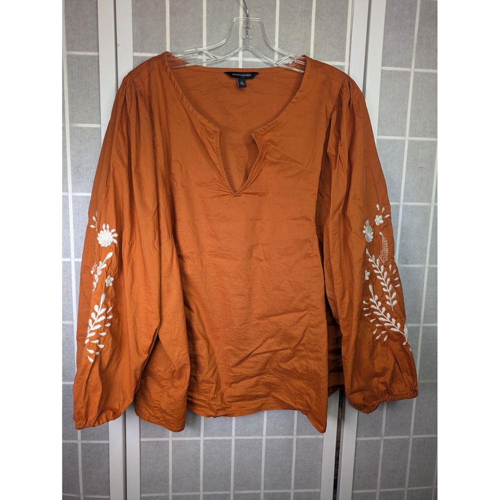 Banana Republic Womens Peasant Blouse XL Burnt Orange Cotton Embroidered Floral